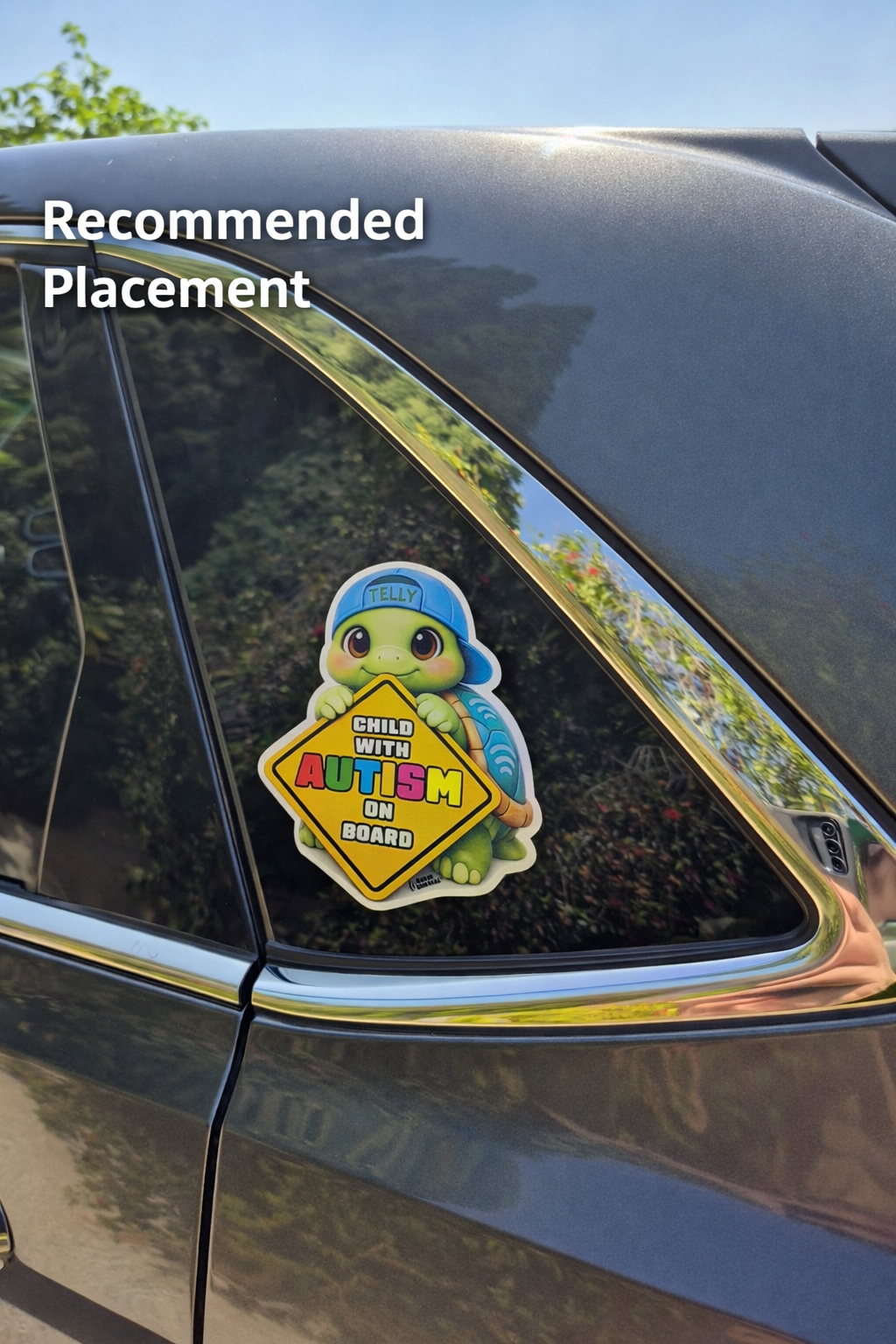 Child with Autism on Board sticker on a car window with 'Recommended Placement' text.