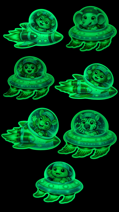 Set of cartoon animal characters in a UFO with a white background