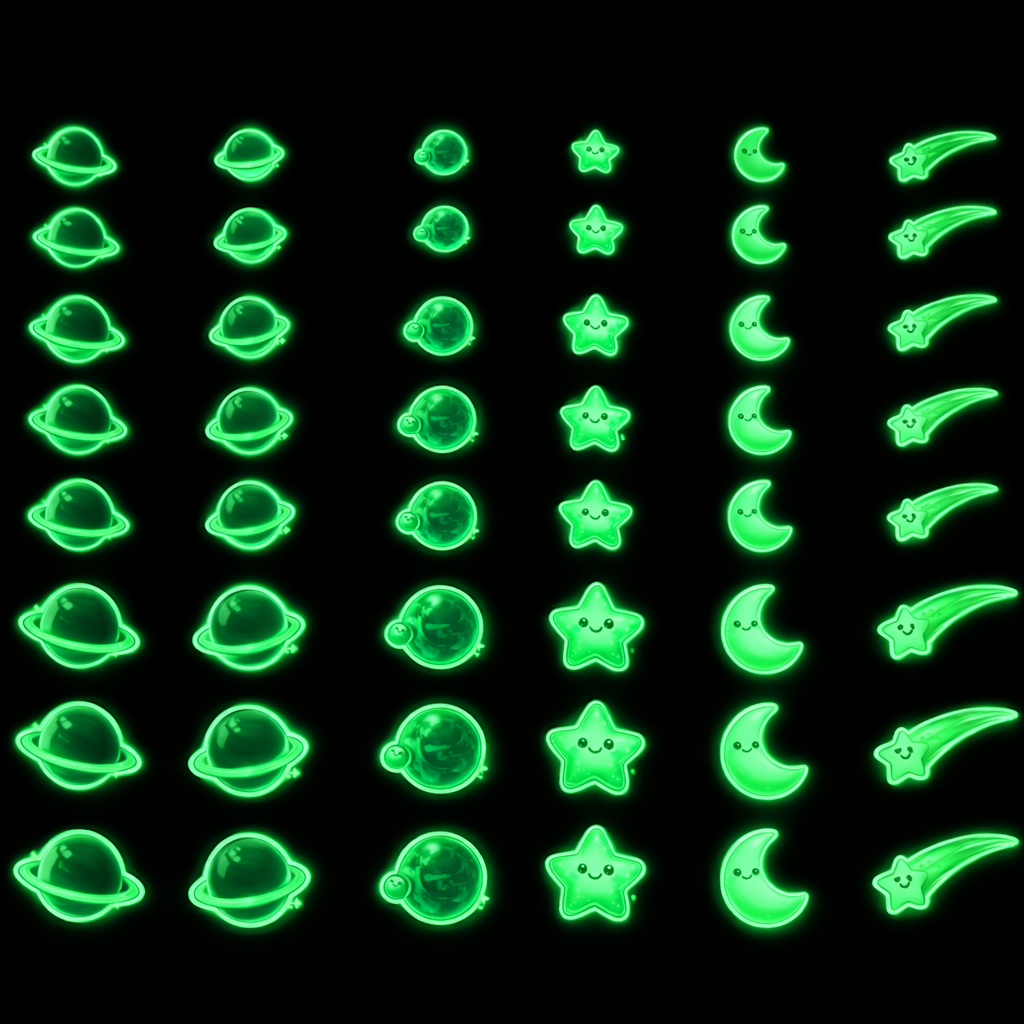 Glow decals of various stars, moons, planets, shooting stars on a black background