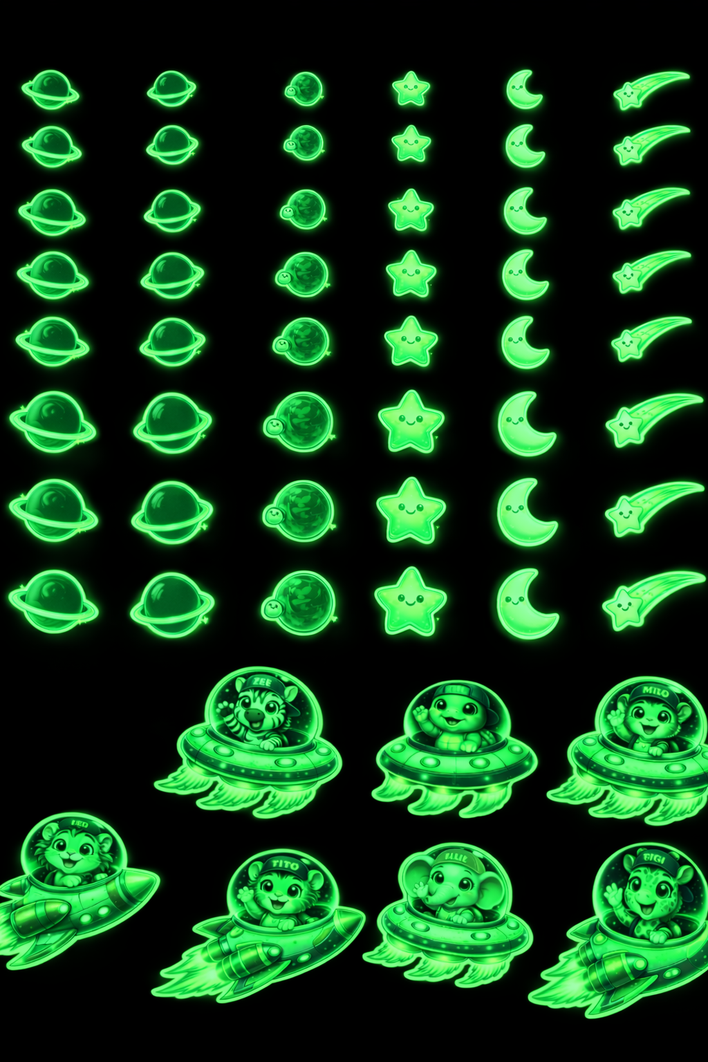 Collection of colorful space-themed glow decals including planets, stars, moons, and animal characters on a white background.