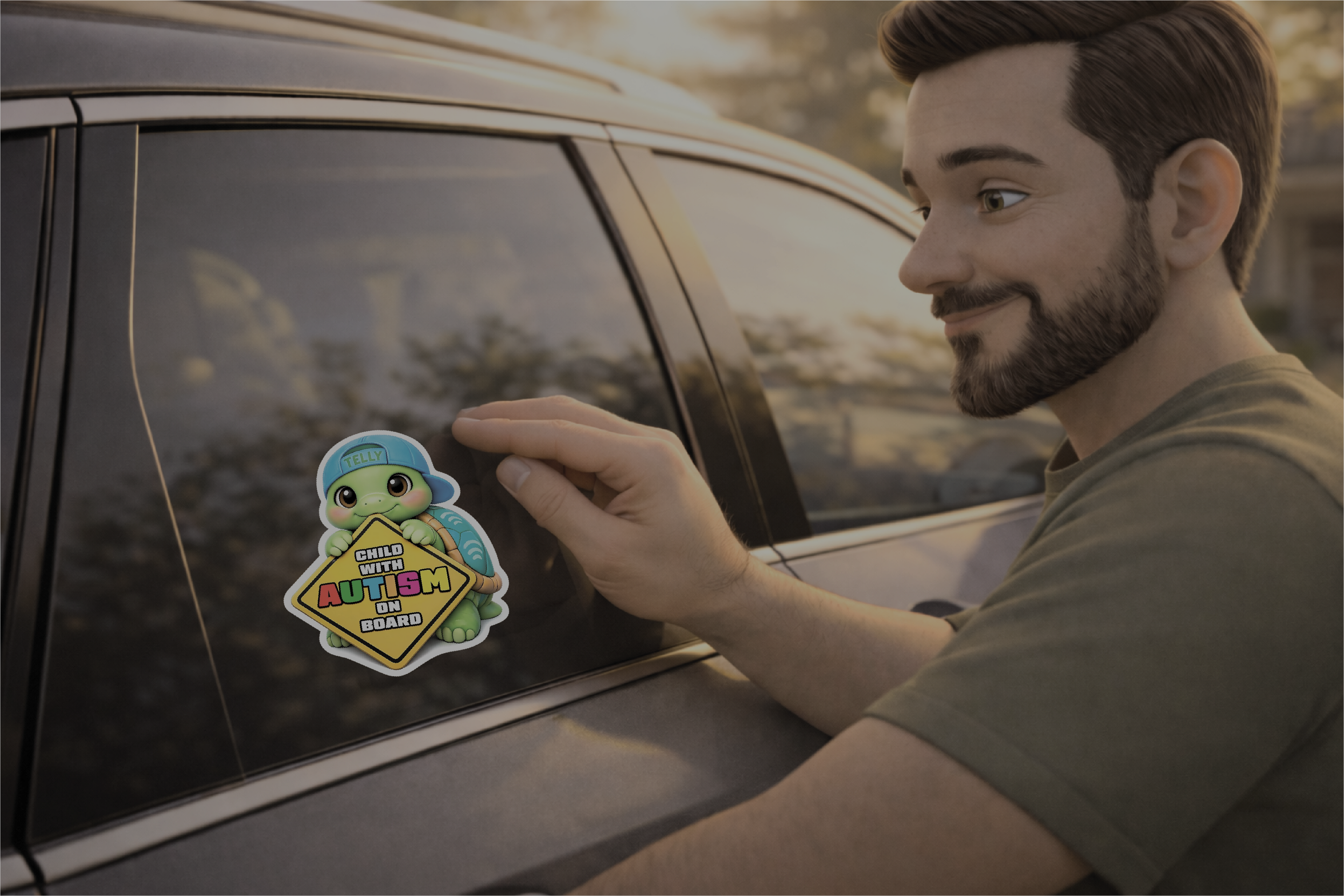 Man placing a safety decal on a car window