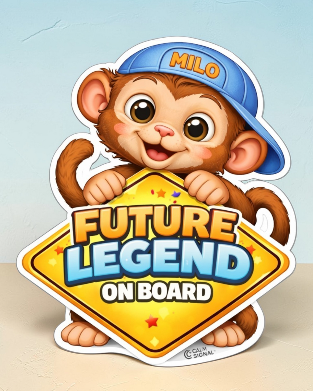 Sticker of a monkey wearing a blue cap with 'MILO' on it, holding a sign that says 'Future Legend On Board' against a light blue background.