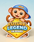 Sticker of a monkey wearing a blue cap with 'MILO' on it, holding a sign that says 'Future Legend On Board' against a light blue background.
