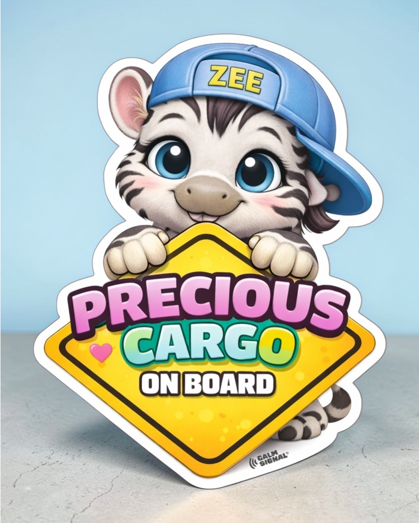 Cartoon zebra character with 'Precious Cargo on Board' sign and 'Zee' cap on a light blue background