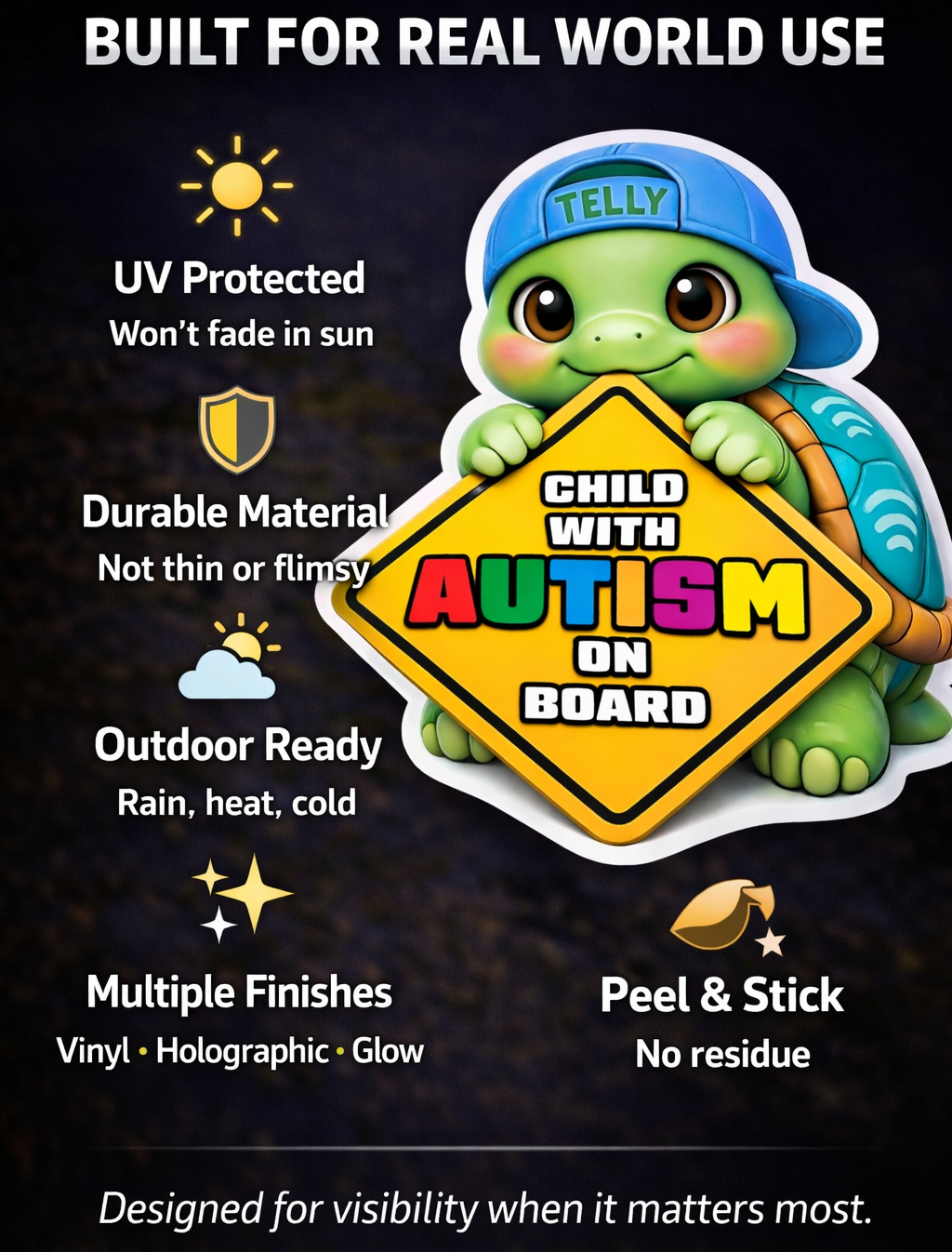 Turtle character with 'Child with Autism on Board' sign on a dark background with product features listed.