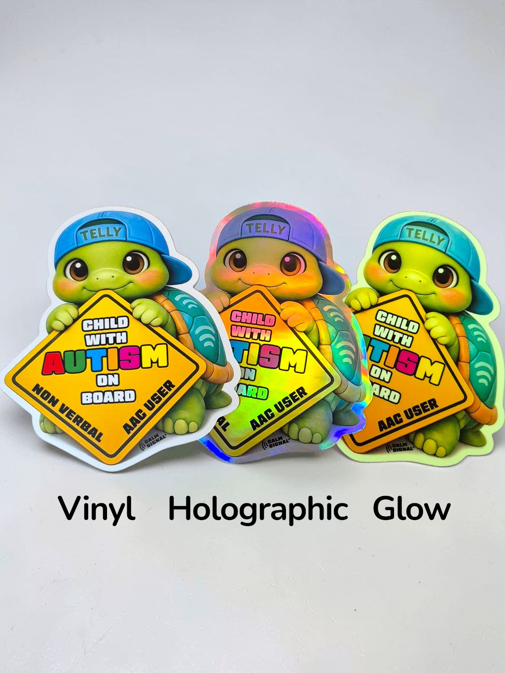 Three turtle-themed autism awareness stickers with colorful designs on a white background.